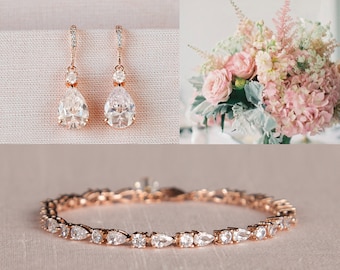 Rose Gold Bridal Earrings, Crystal Wedding earrings & bracelet, Pearl Wedding Earrings, Bridal Jewelry Bridesmaids, Lilliana Bridal Earrings