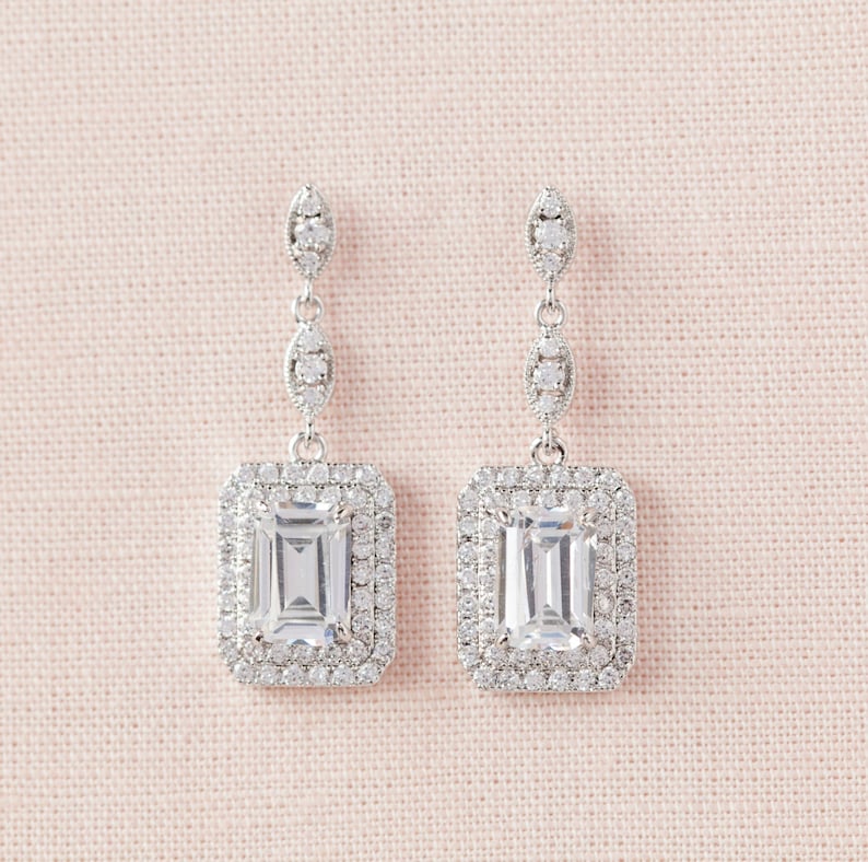 Rose Gold Wedding Jewelry Emerald Cut Halo Crystal Wedding necklace Bridal Jewelry Crystal Bridal Earrings Morgan SET