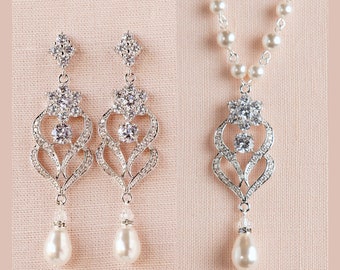 Pärlsmyckesset med kristaller, bröllopshalsband, Swarovski-pärlor, roséguldkedja, guldkedja, Kathryn Jewelry