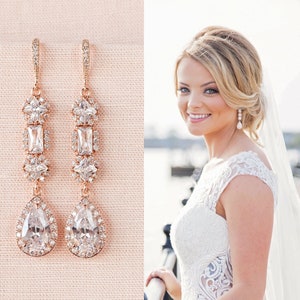 Rose Gold Bridal earrings, Wedding jewelry, Long Wedding earrings Bridal jewelry, Julienne Earrings