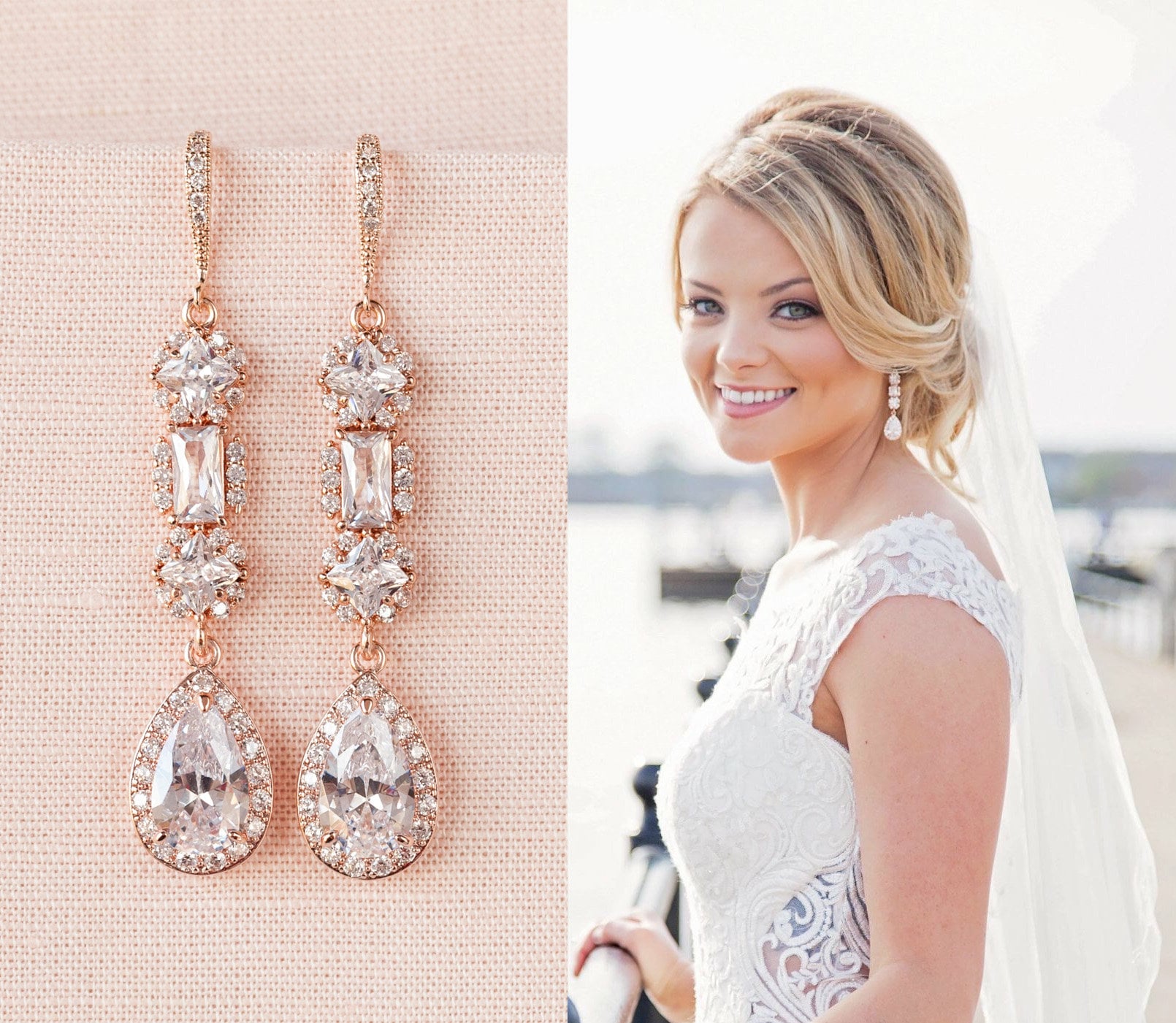 Rose Gold Bridal earrings, Wedding jewelry, Long Wedding earrings Bri…