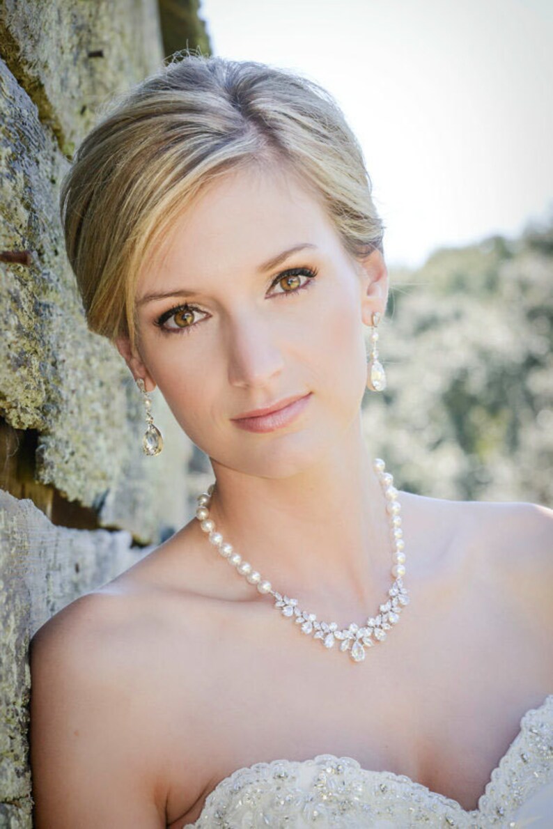 Bridal Jewelry Pearl Wedding Necklace Bridal earrings Backdrop Pearls and Crystal Jewelry, Wedding earrings, Wedding jewelry, Claire Set image 5