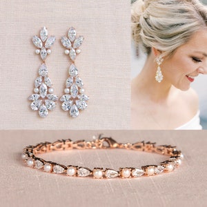Wedding Earrings / Bracelet, Chunky Bridal Earrings, Crystal Bridal Jewelry Set, Wedding Bracelet, Pearl and Crystal Bracelet, Bella Jewelry