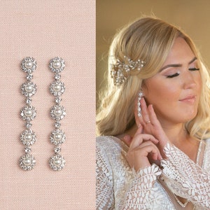 Long Bridal Earrings, Long Dangle Pearl Earrings, Rose Gold Bridal Earrings, Bridal jewelry, Crystal Earrings, Kimmie Earrings