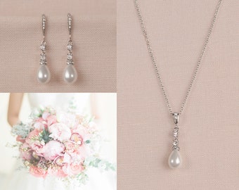 Pearl Wedding Earring,  Pearl Bridal Earrings, Rose Gold Earrings, Gold Bridal Necklace,  Pearl Drop Bridal Jewelry Set, Lenox Pearl Jewelry