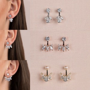 Bridesmaid Ear Jacket Front Back Earrings, Pearl and Crystal Stud Earrings, Bridal Jacket Earrings, Silver, Rose Gold, Gold Earring Jackets