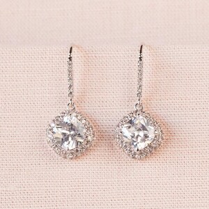 Cushion Cut Stud Bridal Earrings, Rose gold, Gold, Crystal Pendant, Halo Crystal Stud Earrings, Bridesmaid earrings,  Molly Stud Earrings