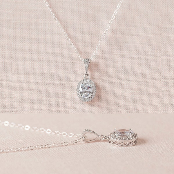 Oval Wedding Necklace, Crystal Bridal Pendant, Filigree Bridesmaid Jewelry, Swarovski, Bridal Jewelry, Wedding Jewelry, Olivia Halo Necklace