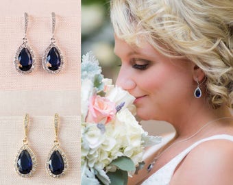 Crystal Bridal earrings  Dark Sapphire Blue GOLD Wedding jewelry, Crystal Wedding earrings, Cobalt Blue Bridal jewelry, Ariel Earrings