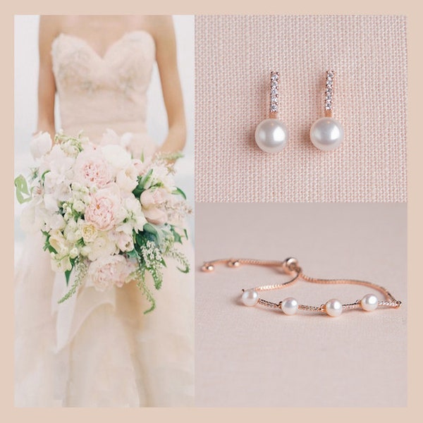 Rose Gold Pearl Bridal Earrings and Bracelet SET, Pearl Necklace Silver Wedding Jewelry, Bridesmaid Jewelry, Freshwater pearl Hannah Jewelry