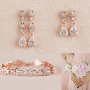 Rose Gold Bridal Bracelet, Dainty Gold Wedding Bracelet, Bridal Earrings, Bridesmaids jewelry, Bridal Jewelry SET, Kendall Bracelet image 1