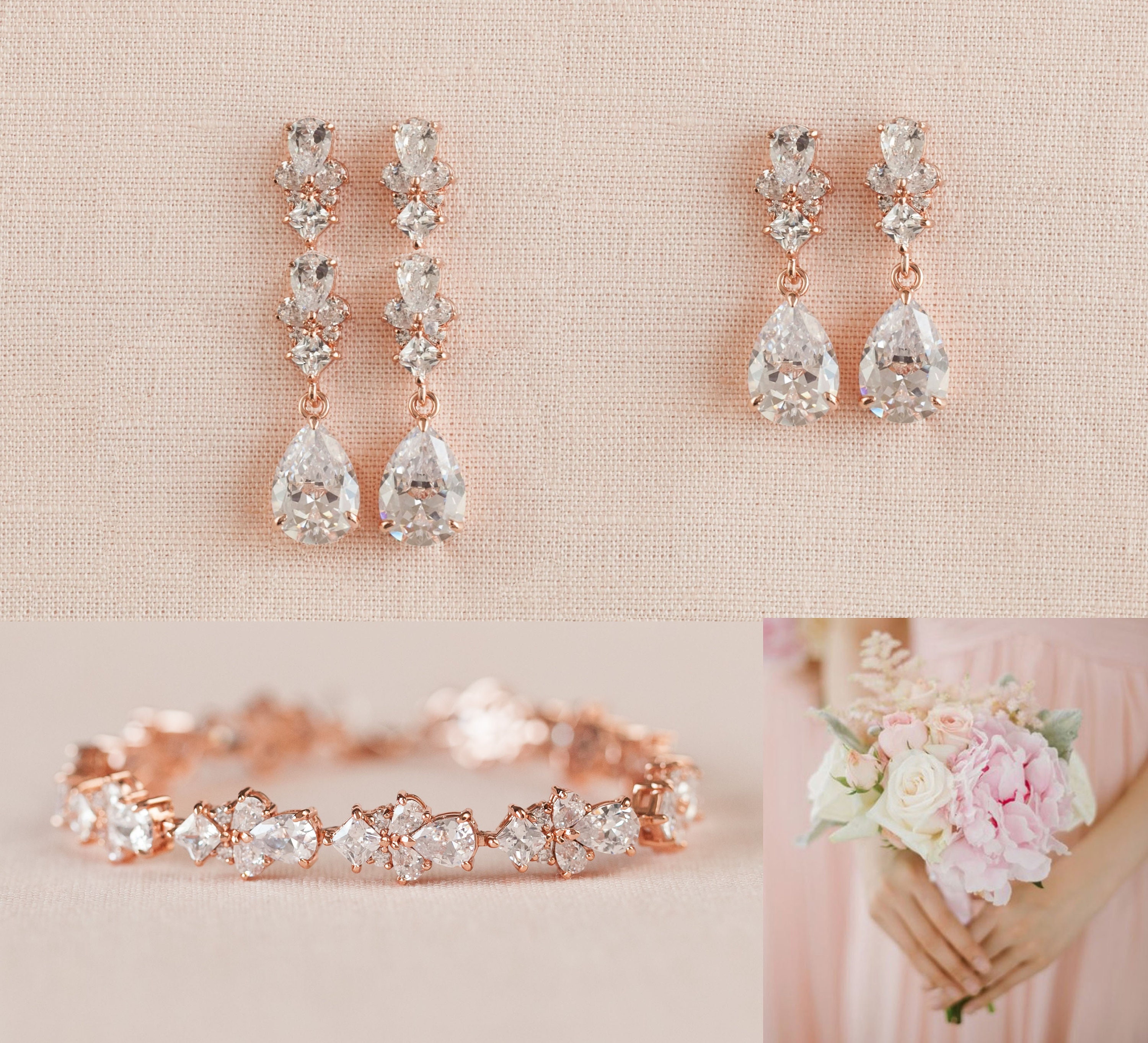 Rose Gold Bridal Bracelet, Dainty Gold Wedding Bracelet, Bridal Earri…