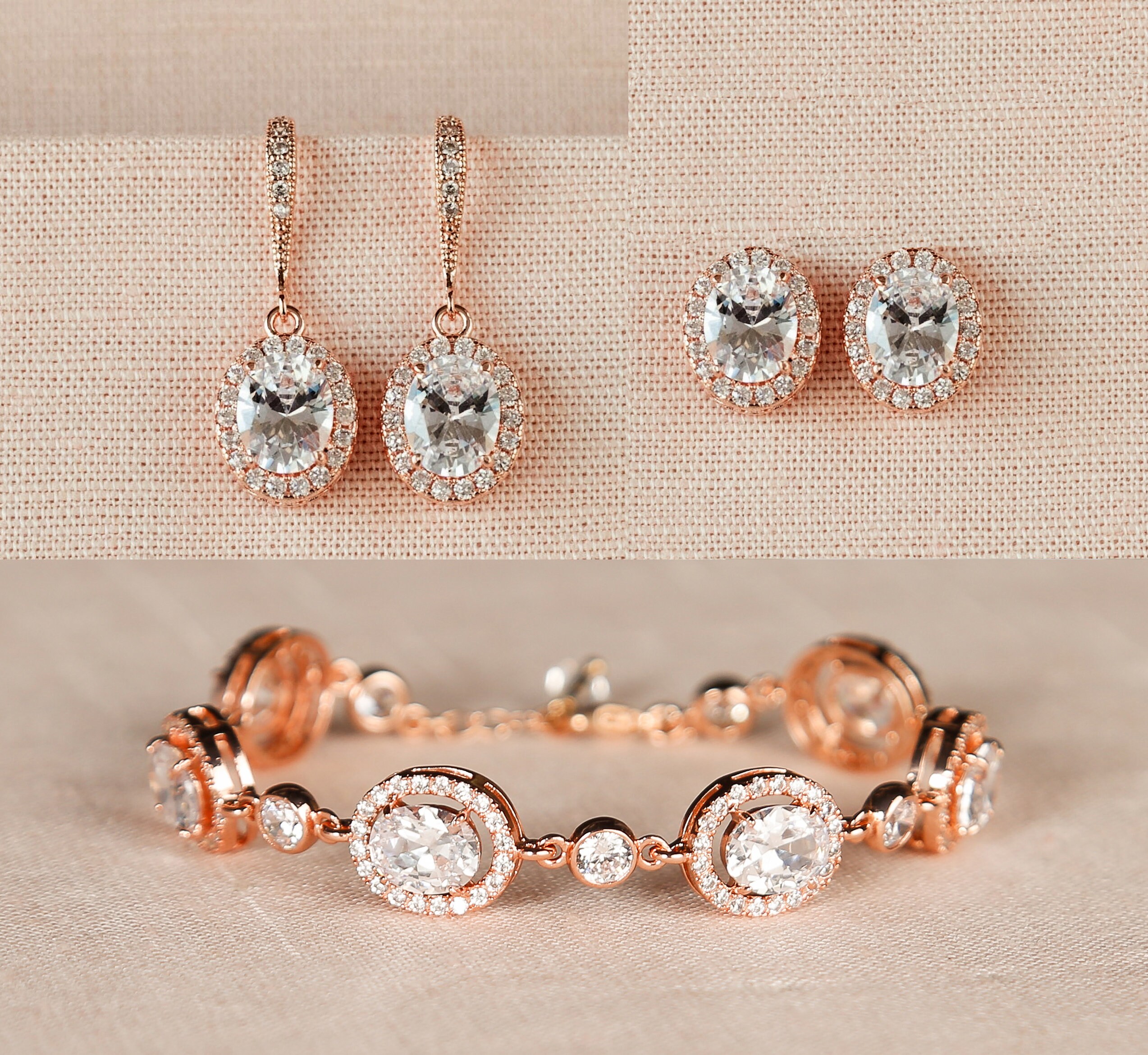 Rose Gold Bridal Earrings, Oval Stud Wedding Earrings, CLIP-ON Earrin…