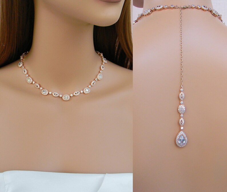 Backdrop Bridal Necklace Rose gold Wedding Necklace Back Etsy