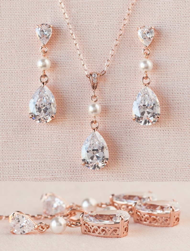 Crystal Bridal earrings, Rose Gold Wedding jewelry Swarovski Crystal Wedding earrings, Pendant, Bridal jewelry, Crystal Drop and Pearl SET image 6