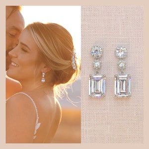 Crystal Bridal earrings  Emerald Princess Cut Wedding jewelry, Rose gold Wedding earrings, Bridal jewelry, Kaitlyn Crystal Drop Earrings