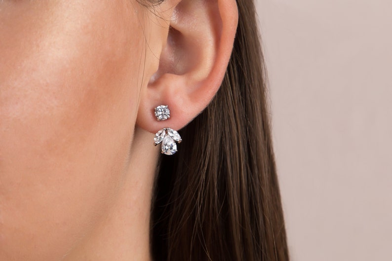 Bridesmaid Ear Jacket Front Back Earrings Bridal Jacket Earrings Rose Gold Gold Earring Jackets Pearl and Crystal Stud Earrings Silver