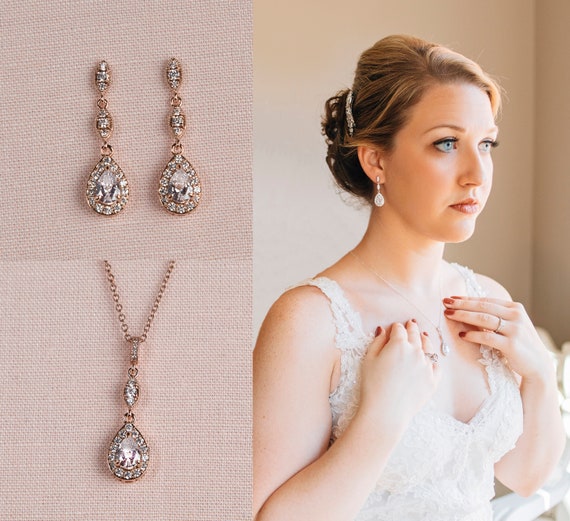 Bridal Necklace Set, Rose Gold Teardrop Wedding Earrings, tear drop pear  cubic zirconia earrings, Camilla Rose Gold Jewelry Set