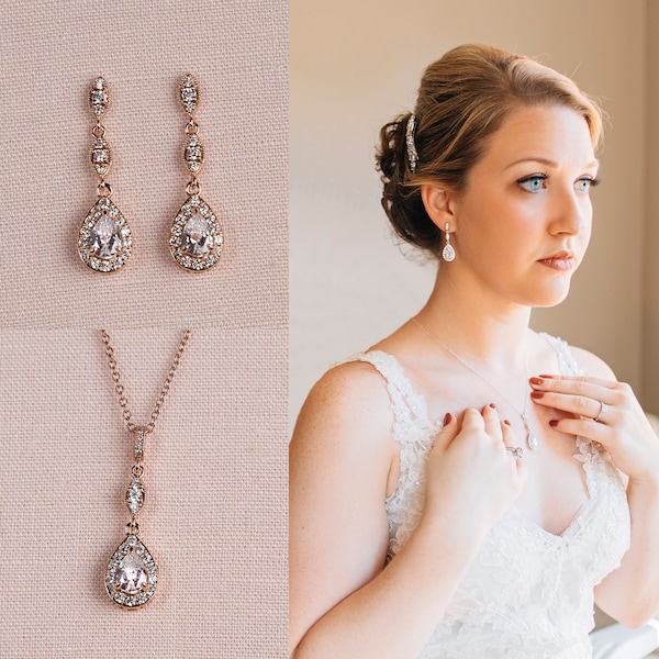 Rose Gold Bridal necklace, Crystal Wedding Pendant, Wedding Earrings, Bridesmaid jewelry, Bridal jewelry, Bridal Jewelry Set, Maddie Jewelry