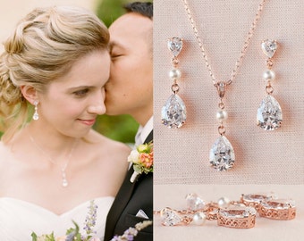 Brudsmyckeset, Bröllopssmycken i roséguld, Swarovski-pärlor, bröllopsörhängen, hängen, Brudsmycken, Kristalldroppe och pärlset