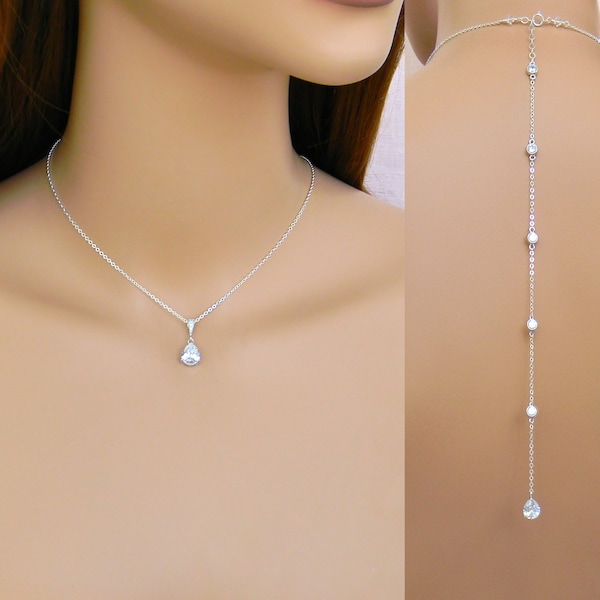 Solitaire Bridal Necklace, Dainty Back Rose Gold, Bridal Jewelry SET,  Small Tear Drop Pendant, Swarovski, Stephie Back Drop Necklace