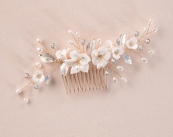 Wispy Bridal Hair Comb, Rose Gold Wedding Headpiece, Pearl and Flower Bridal Hair accessory,  Large Bridal Headpiece, ZURI Bridal Hair piece