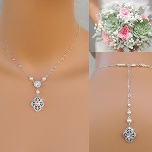 Pearl Bridal Necklace, Dainty Backdrop Bridal Necklace, Pearl Wedding earrings, Vintage Style Bridal Jewelry SET, Lola Bridal Jewelry