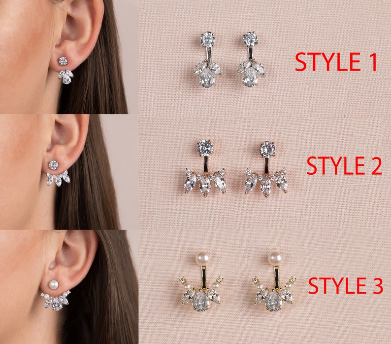 Bridesmaid Ear Jacket Front Back Earrings Bridal Jacket Earrings Rose Gold Gold Earring Jackets Pearl and Crystal Stud Earrings Silver