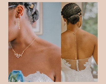 Crystal Bridal Backdrop Necklace, Bridal Earrings, Ivy Earrings, Leaf Necklace, Wedding Necklace Earrings SET, Delicate Chunnie Jewelry