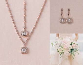 Bridal Back Necklace, Rose Gold Wedding Earrings and Necklace,  Gold Wedding Jewelry, Bridal Jewelry,  Jaime Crystal Necklace