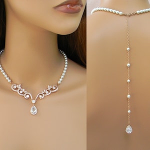 Pearl Bridal Necklace, Bridal Jewelry, Rose Gold Wedding jewelry, Crystal Wedding Necklace, Pearl Crystal Necklace, Leah Bridal Jewelry