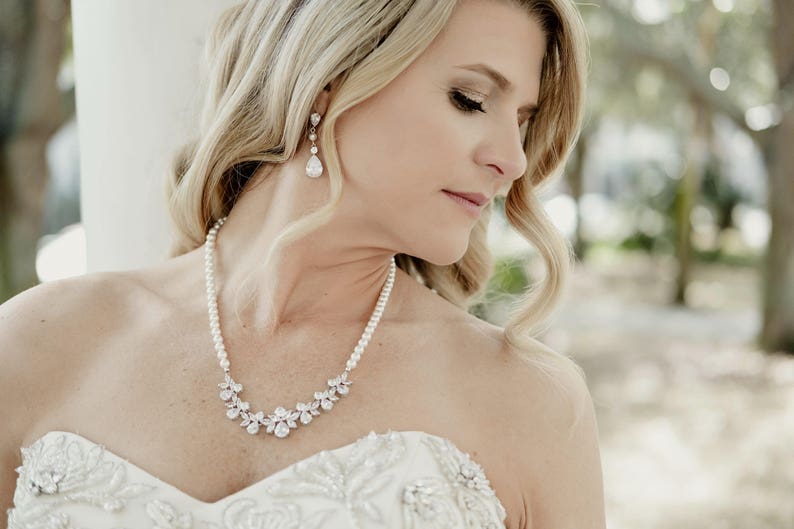 Bridal Jewelry Claire Necklace Crystal and Pearl Bridal Earrings Wedding back drop Necklace Backdrop Bridal Necklace Wedding Earrings