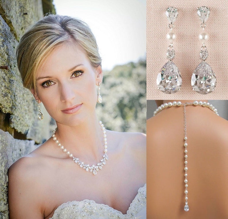 Bridal Jewelry Claire Necklace Crystal and Pearl Bridal Earrings Wedding back drop Necklace Backdrop Bridal Necklace Wedding Earrings