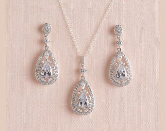Kristall Braut Schmuck Set, Teardrop Halskette und Ohrringe, ganz Kristall ODER mit Perlen Adison Hochzeit Schmuck