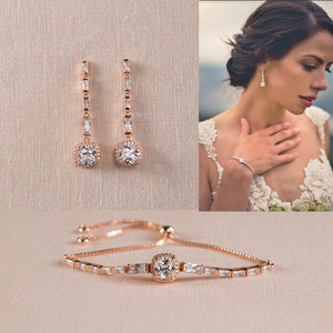 Bridal Earrings, Wedding earrings, Rose gold Bridal Jewelry, Bracelet and Earrings, Bridesmaid Jewelry, Maisie Bridal Earrings and Bracelet image 1