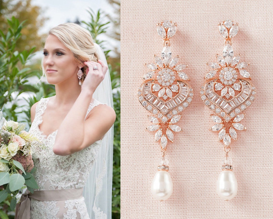Rose Gold Bridal Earrings Crystal Wedding Earrings Statement - Etsy