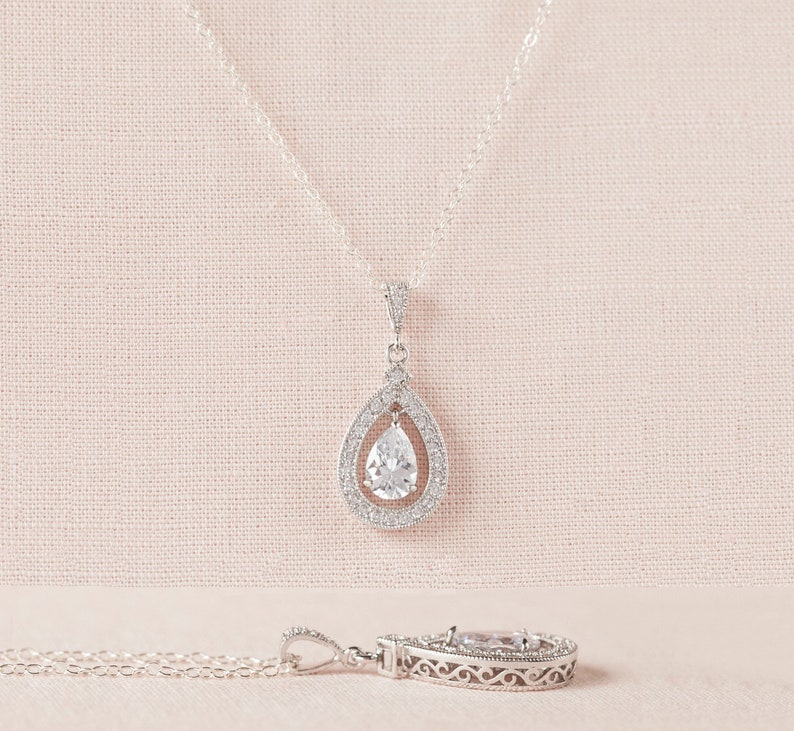 Tear Drop Bridal Necklace, High Quality European Pearl and Crystal Wedding Pendant, Bridal Earrings, Wedding Jewelry, Misty Bridal Necklace image 2