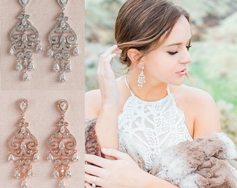 Rose Gold Bridal Earrings, Filigree Wedding Earrings, Gold, Chandelier Earrings, Swarovski, Charlotte Bridal Earrings