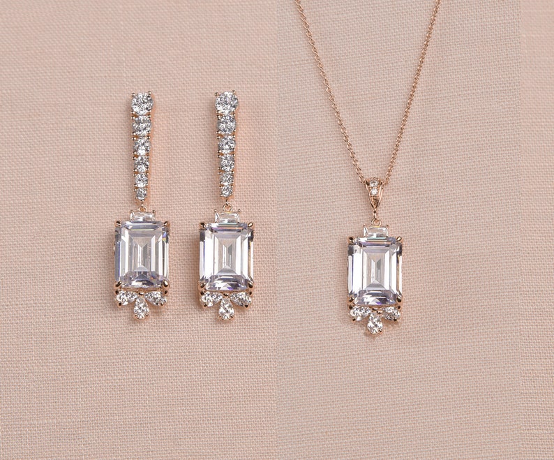 Crystal Bridal earrings Emerald Princess Cut Wedding jewelry, Rose gold Wedding earrings, Bridal jewelry, Kaitlyn Crystal Drop Earrings Long SET