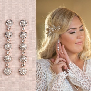Pearl Bridal Earrings, Dainty Crystal and Pearl Earrings, Halo Wedding Jewelry, Long Bridal earrings, Bridal Jewelry, Kimmie Earrings