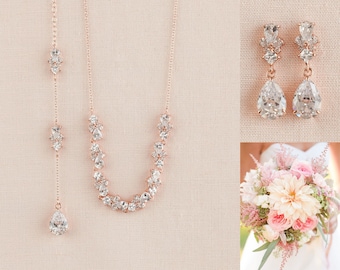 Rose Gold Back Drop Bridal Necklace Backdrop Necklace, Crystal Leaf Necklace, Bridal Jewelry SET, Simple Kendall Jewelry