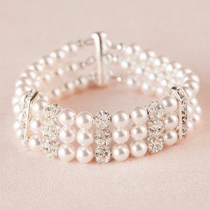 Pearl Bracelet Bridal Crystal Rhinestone wedding bracelet, Swarovski Bridal Bracelet, Cuff bracelet, Vintage style, Sarah Cuff bracelet image 1