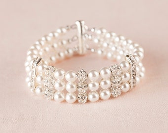 Pearl Bracelet Bridal Crystal Rhinestone wedding bracelet, Swarovski Bridal Bracelet, Cuff bracelet, Vintage style, Sarah Cuff bracelet
