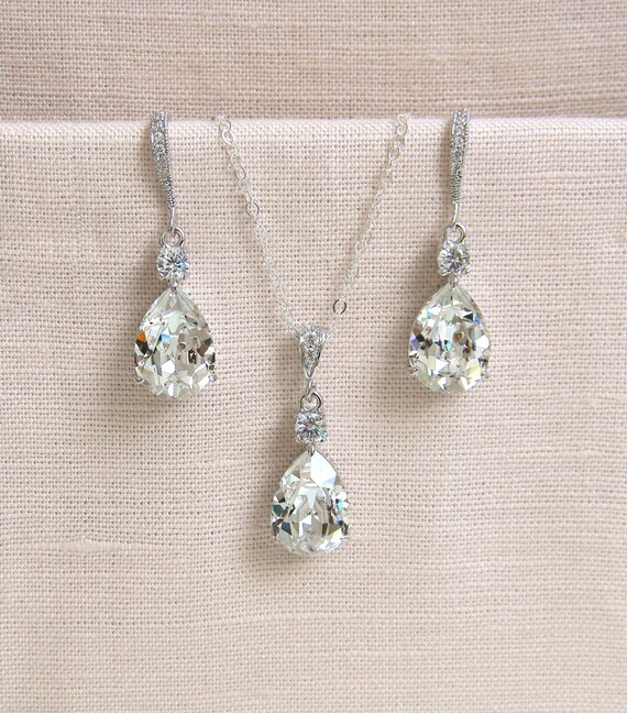 Crystal Pendant Necklace SET Earrings Bridal jewelry Sterling Etsy