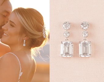 Wedding Jewelry For Bride Emerald Cut Wedding Earring, Rose Gold Bridal Earrings, Sea Glass Jewelry Set, Wedding Necklace, Kaitlyn Jewelry