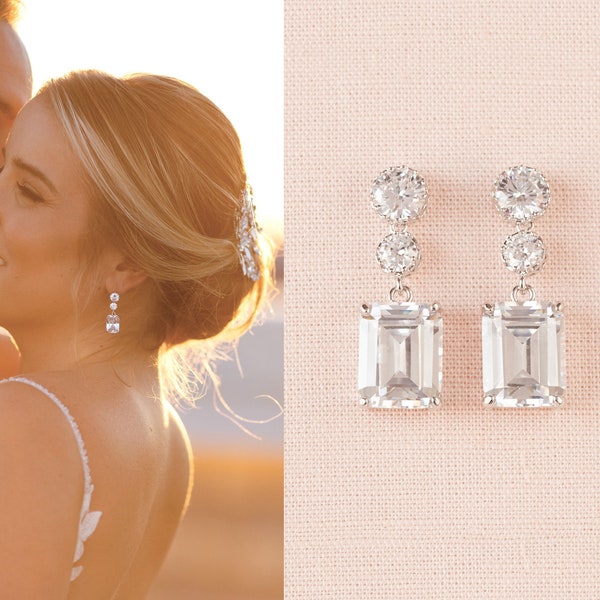 Wedding Jewelry For Bride Emerald Cut Wedding Earring, Rose Gold Bridal Earrings, Sea Glass Jewelry Set, Wedding Necklace, Kaitlyn Jewelry