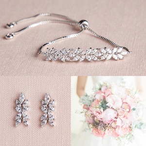 Crystal Bridal Bracelet, Wedding Bracelet, Flower girl, Delicate Leaf Tennis Bracelet, Dainty Jewelry, Bridesmaid jewelry, Willow Jewelry