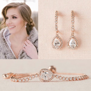 Rose Gold Bridal Bracelet, Dainty Bridal Earrings, Gold Bangle Wedding Bracelet, Bridesmaid Jewelry, Bridal Jewelry, Bailey Bracelet