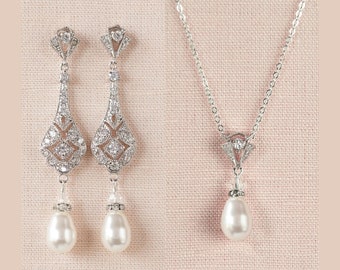 Brudhalsband och örhängen, Bröllopsörhängen, Pärlhalsband och örhängen, Swarovski-pärlor och kristaller, Kristy-örhängen och halsband