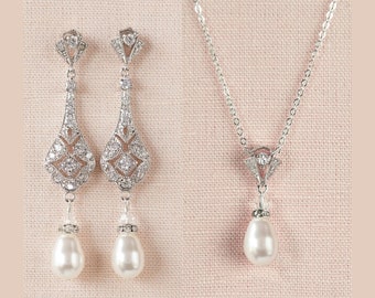 Bridal Necklace Earring SET, Wedding Earrings, Pearl Drop Necklace and Earrings, Swarovski Pearls and Crystals, Kristy Earrings and Necklace